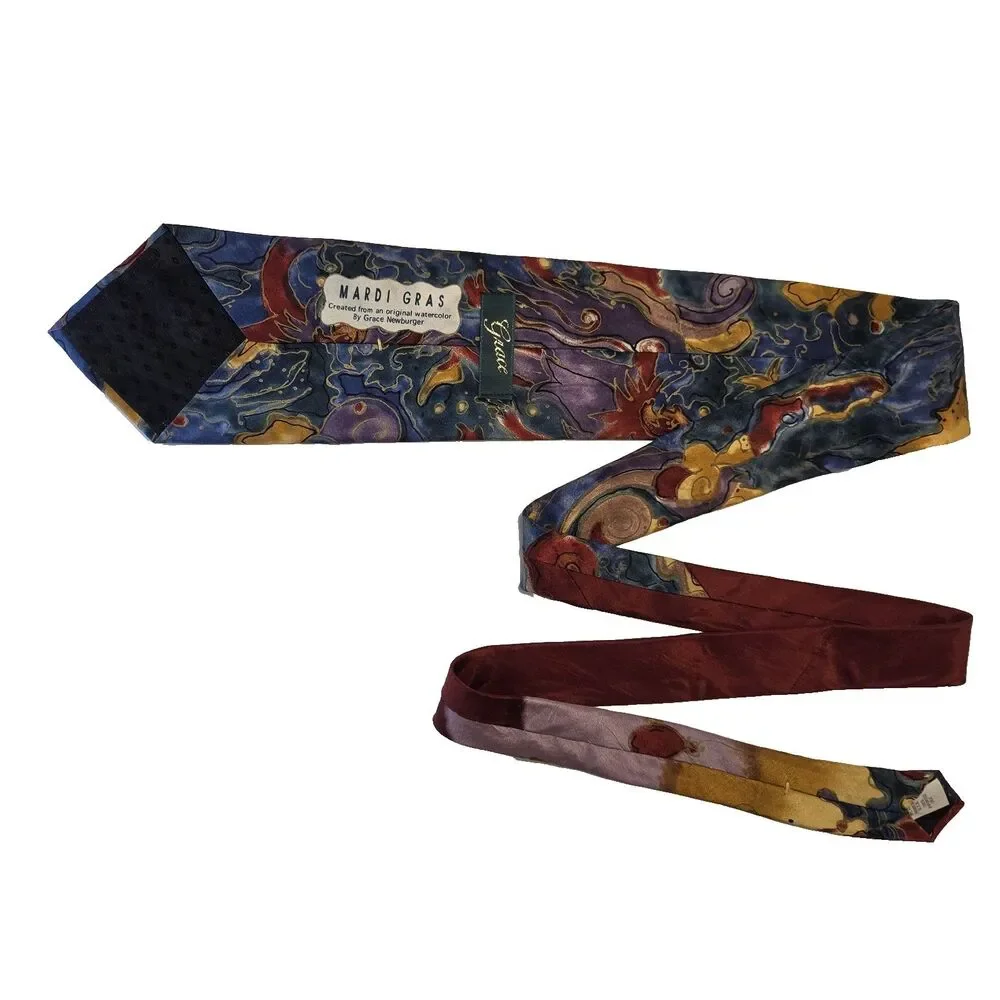 Grace Newberger Watercolor Inspired Vintage Mardis Gras Theme Mens Silk Tie NOLA